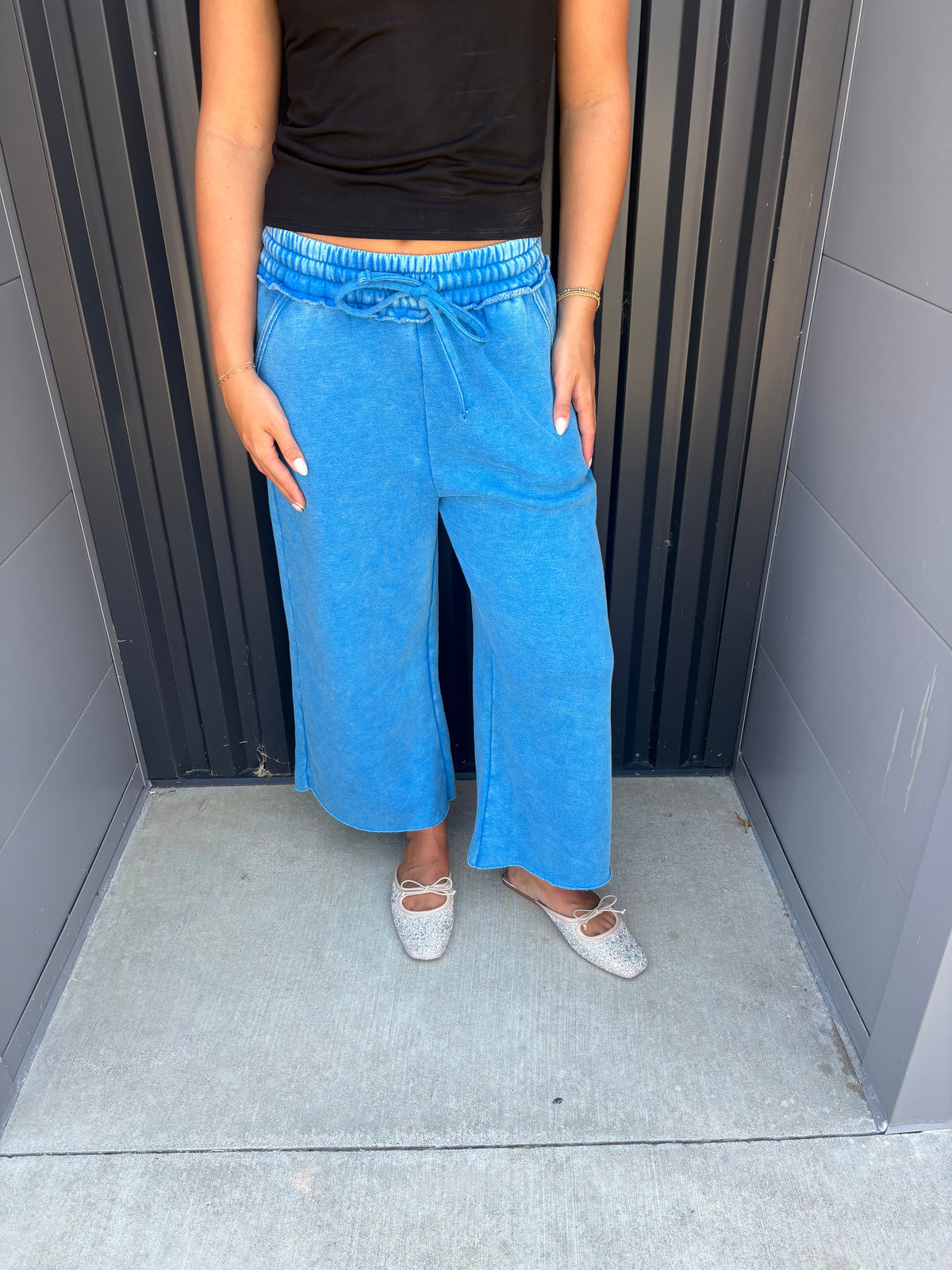 Ocean Blue Acid Washed Fleece Palazzo Pants