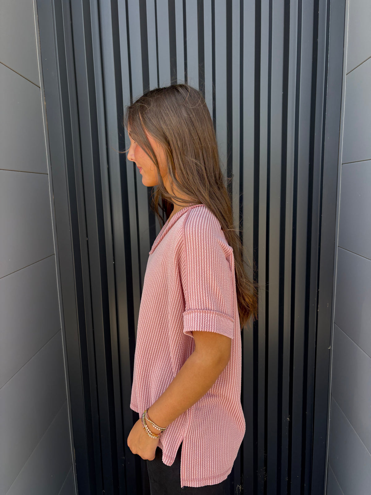 Light Rose Corded Rib High-Low V-Neck