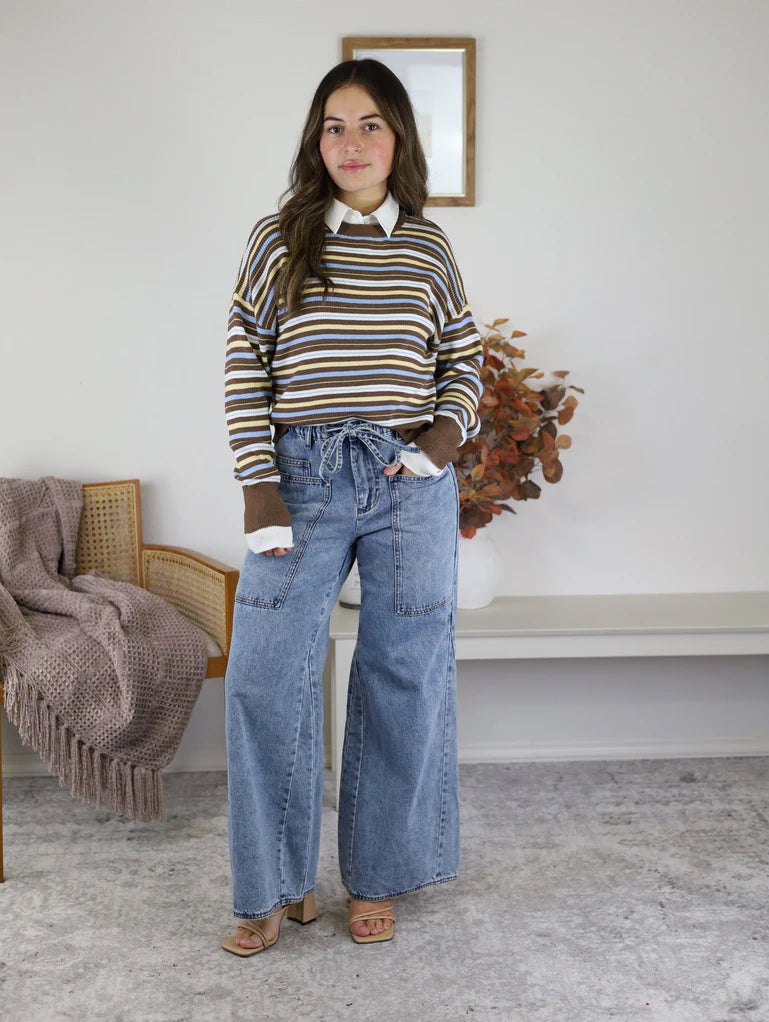 Wide leg drawstring denim jeans