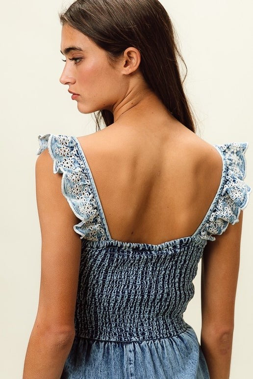 Eyelet Washed Denim Jumpsuit
