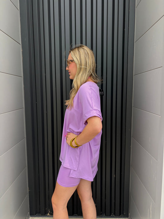 Bright Lavender V-Neck Biker Short Set