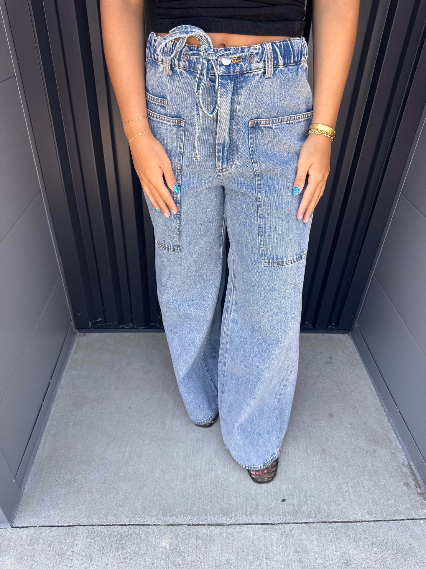 Wide leg drawstring denim jeans