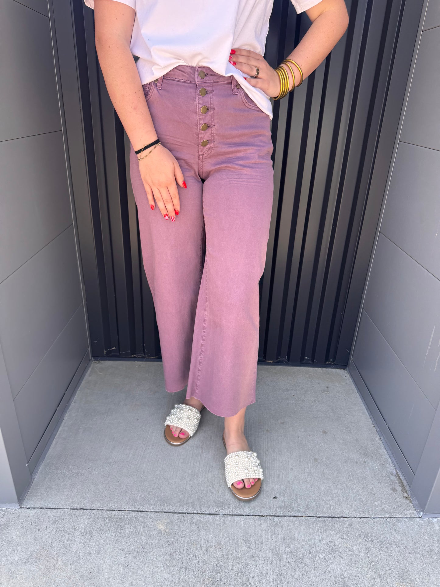 Front Button Stretch Twill Bell Bottom Pants
