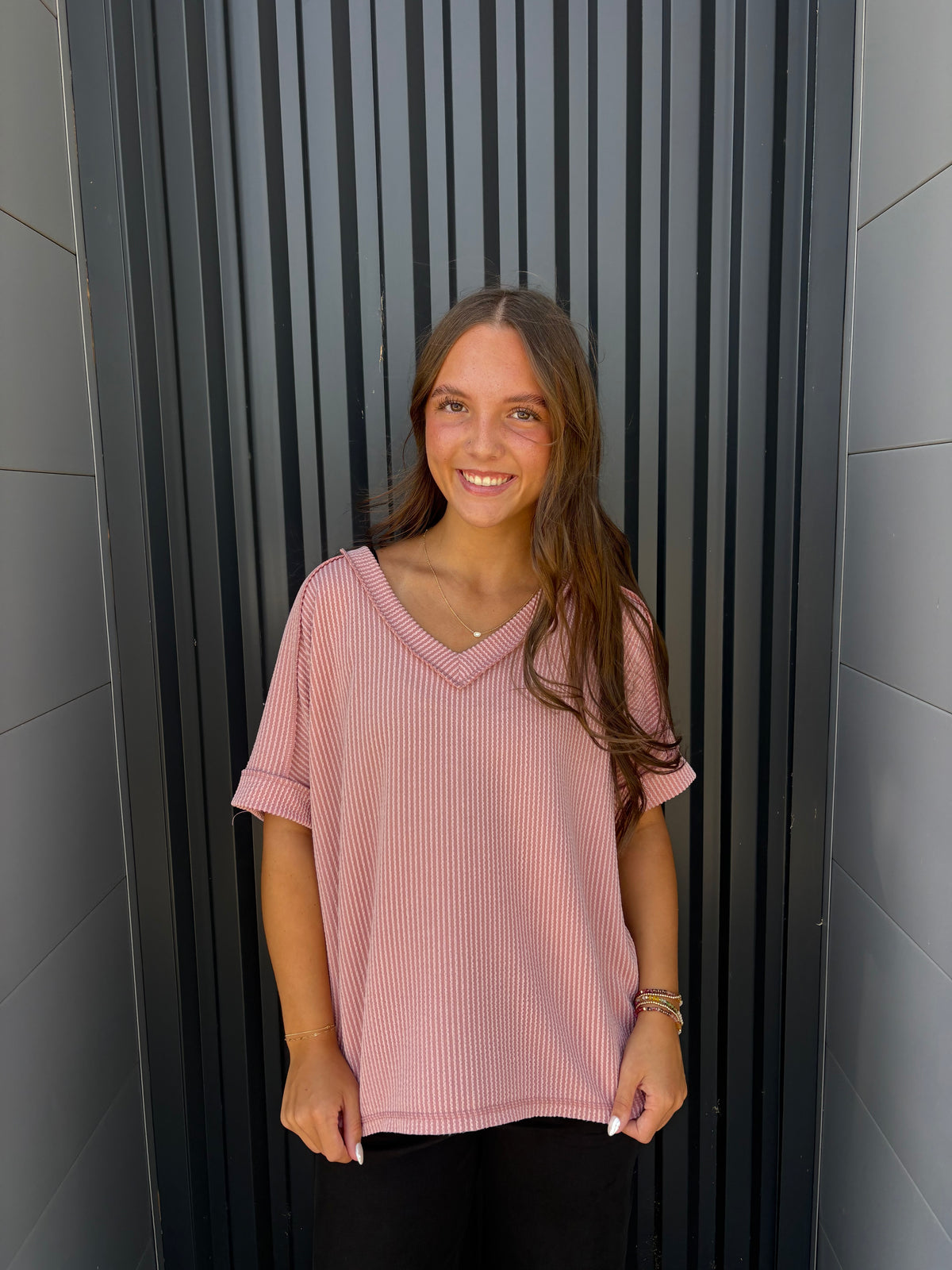 Light Rose Corded Rib High-Low V-Neck