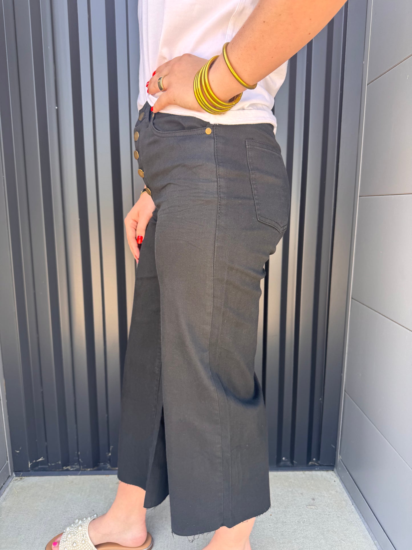 Front Button Stretch Twill Bell Bottom Pants