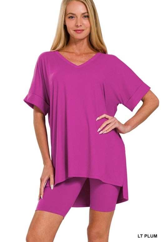 Bright Plum V-Neck Biker Short Set