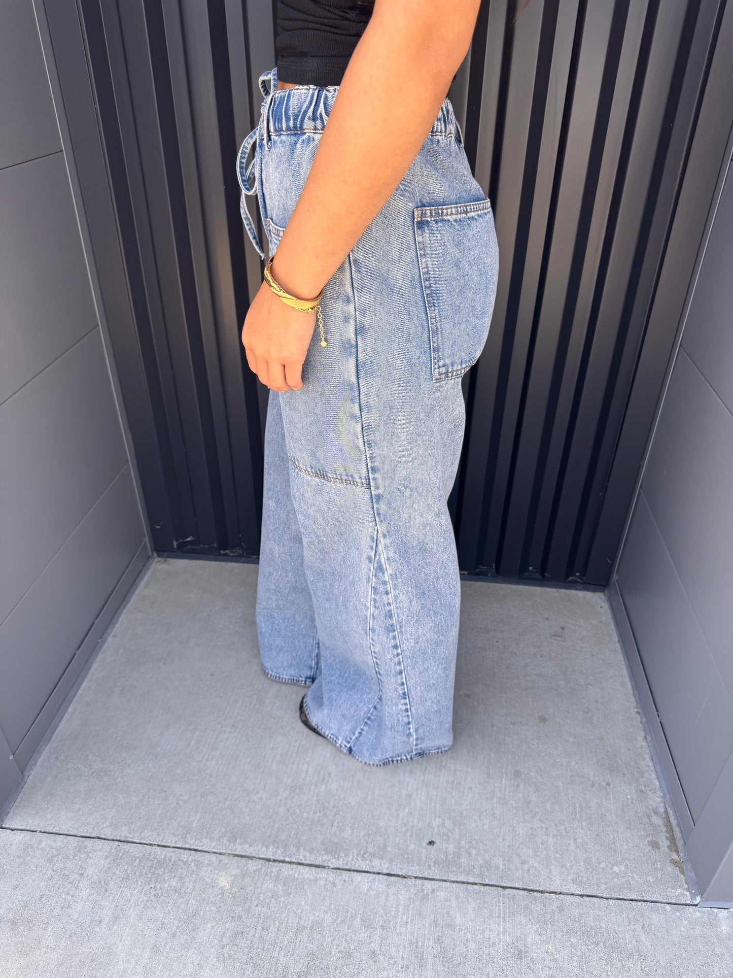 Wide leg drawstring denim jeans