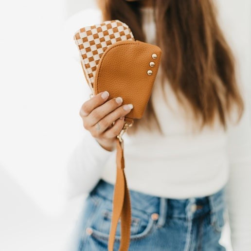 Brown Checkered woven wristlet