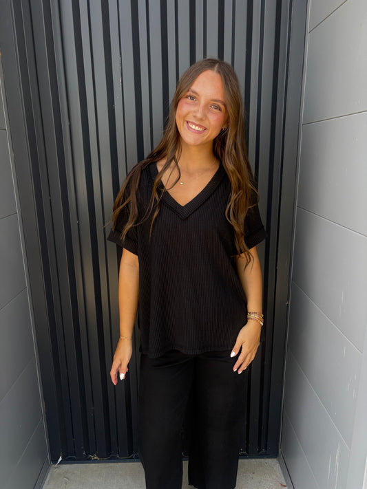 Black Corded Rib Hi-Low V-Neck Top