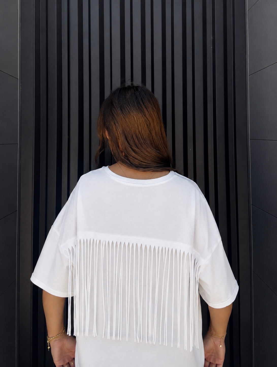 White Fringed Detail Oversized Crop T-Shirt