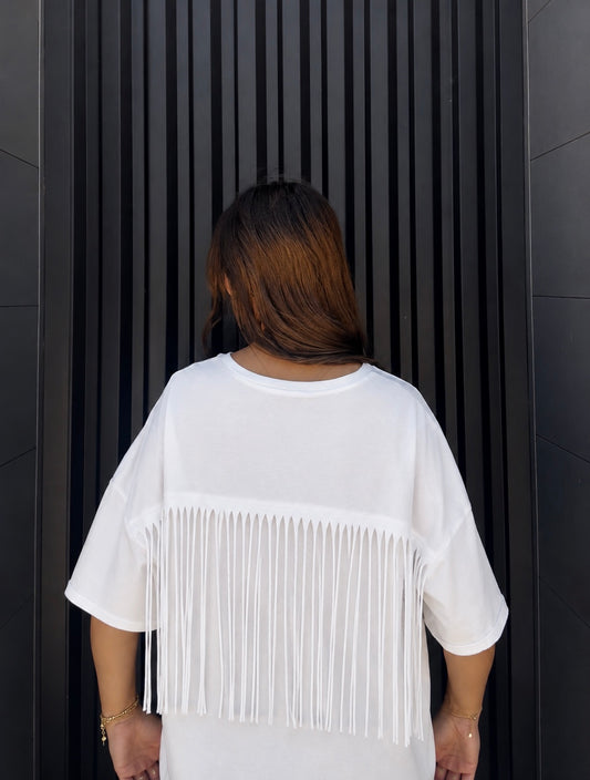 White Fringed Detail Oversized Crop T-Shirt