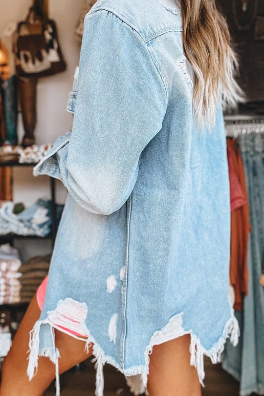 Distressed Frayed Long Denim Jacket
