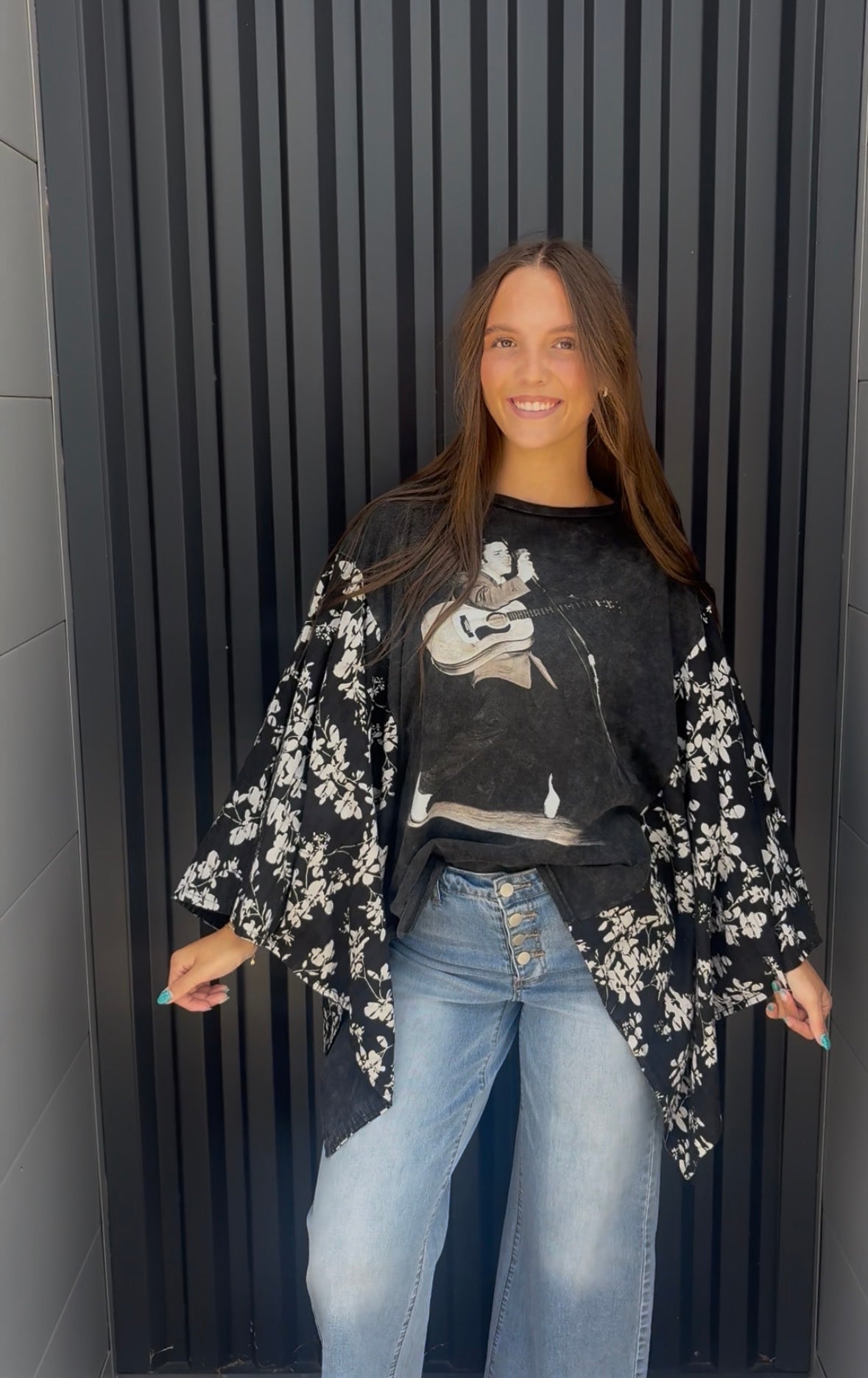 Elvis Print Floral Sleeve Poncho Top