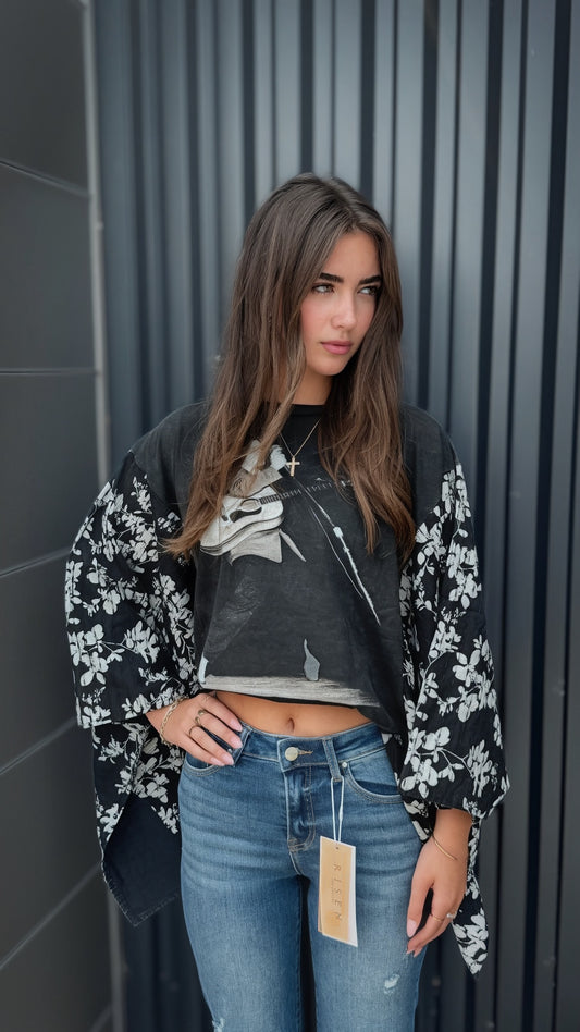 Elvis Print Floral Sleeve Poncho Top