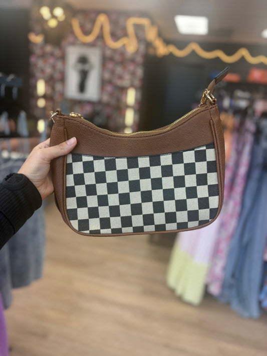 Brown Leather Checkered Shoulder Bag.
