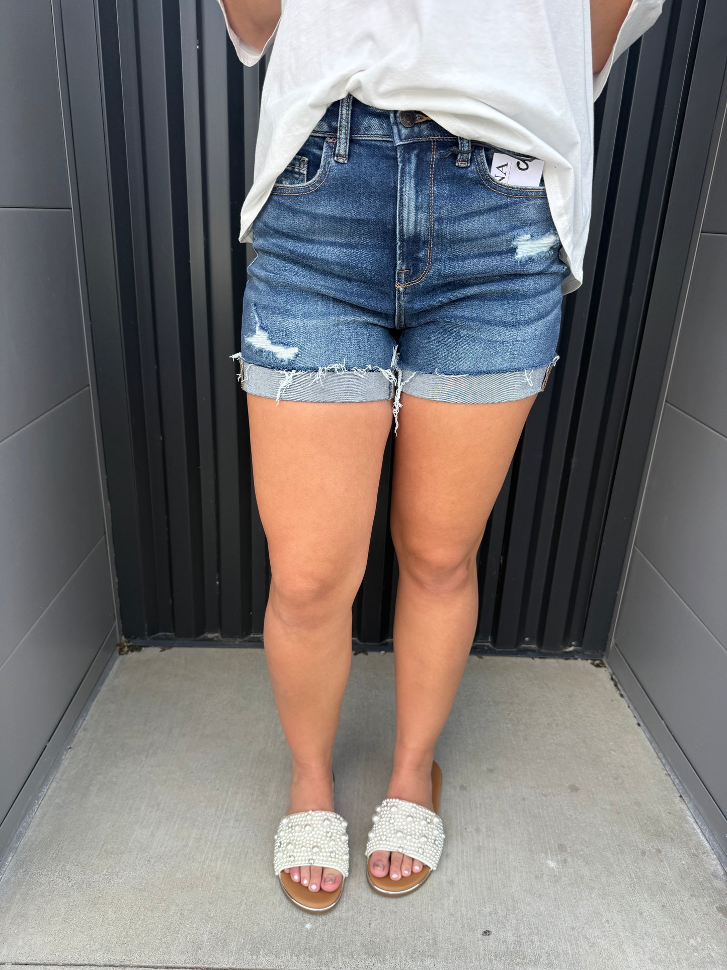 Distressed cuffed raw hem denim shorts dark