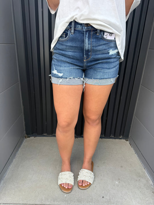 Distressed cuffed raw hem denim shorts dark