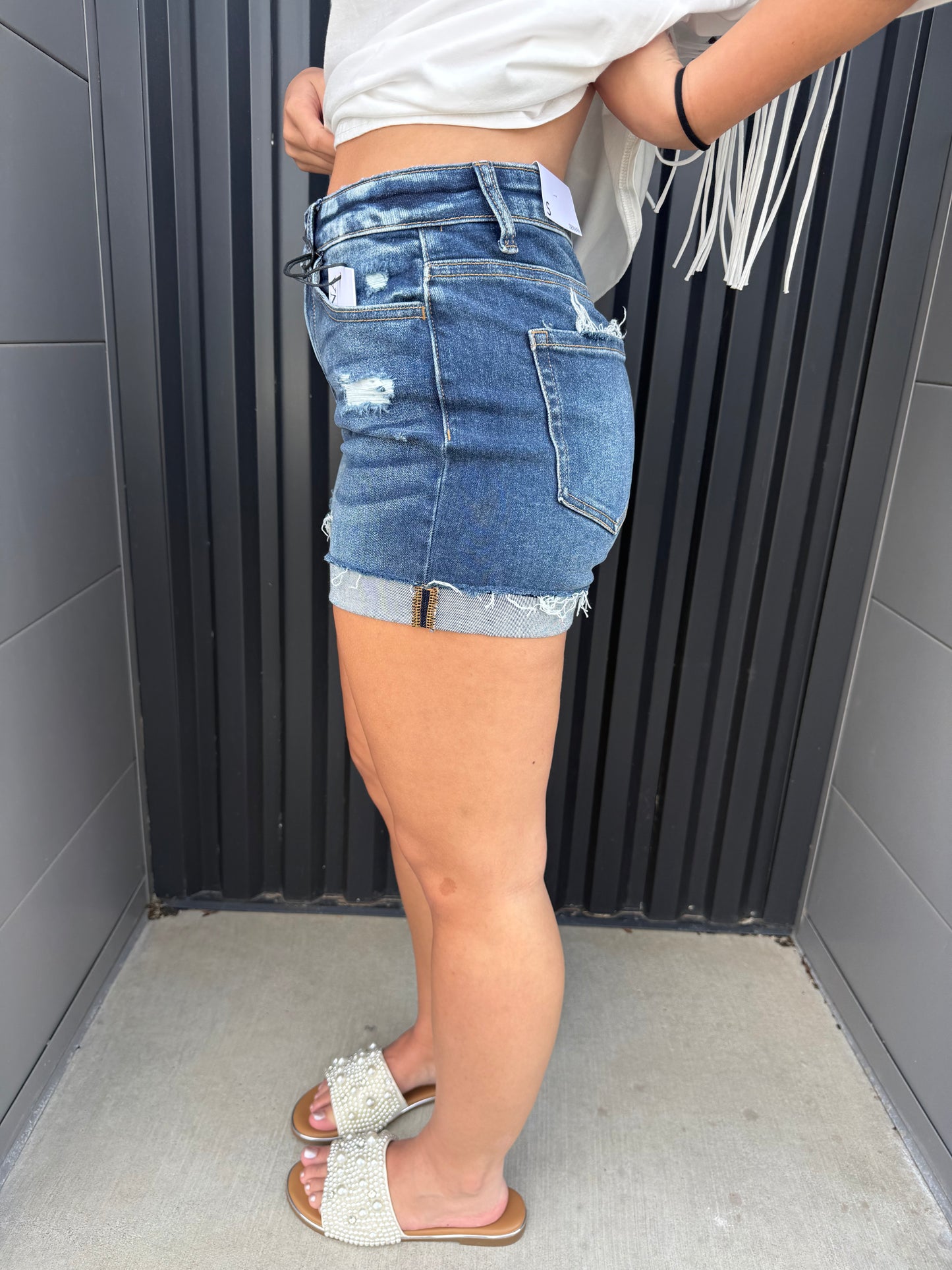Distressed cuffed raw hem denim shorts dark