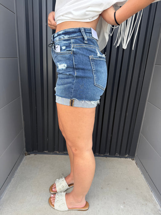 Distressed cuffed raw hem denim shorts dark