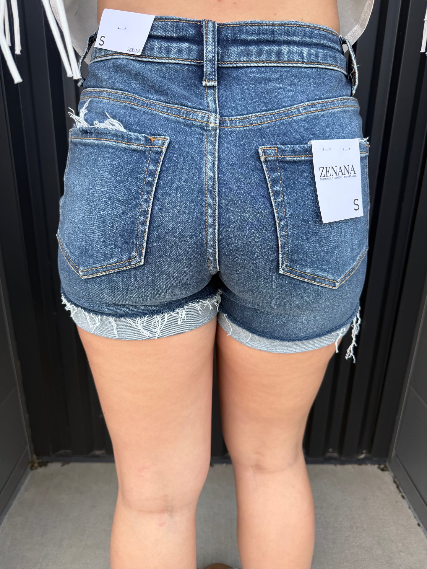 Distressed cuffed raw hem denim shorts dark