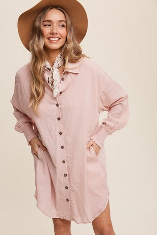 Rosy Pink Collared Button Up Dress