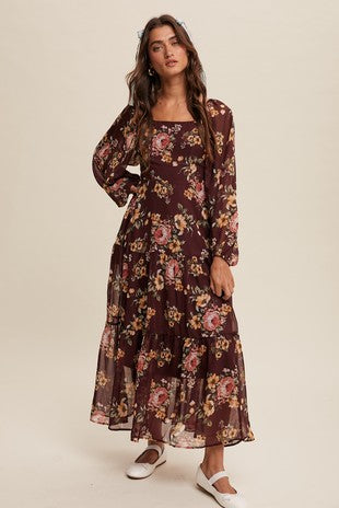 Wine Floral Print Maxi Dress
