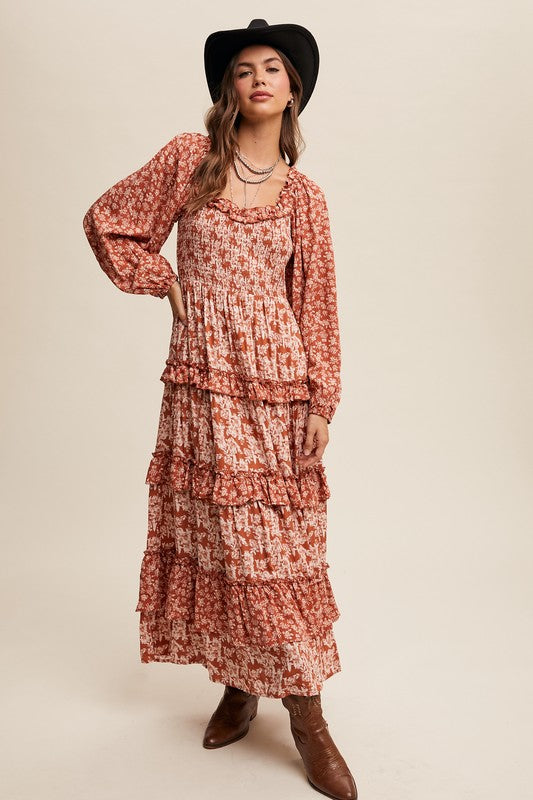 Rust Floral Tiered Maxi Dress