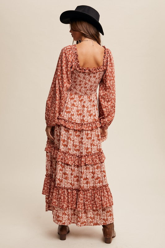 Rust Floral Tiered Maxi Dress