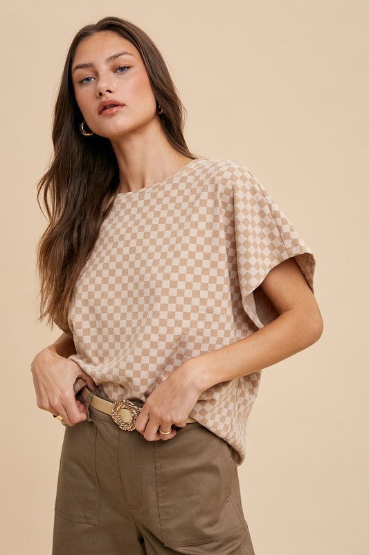 Almond Checkered Brushed Knit Top