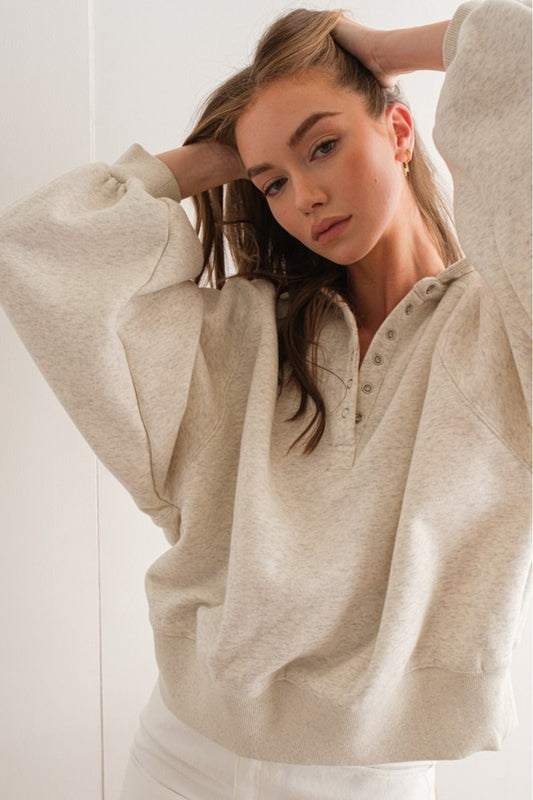 White Melange Snap Button Collared Sweatshirt
