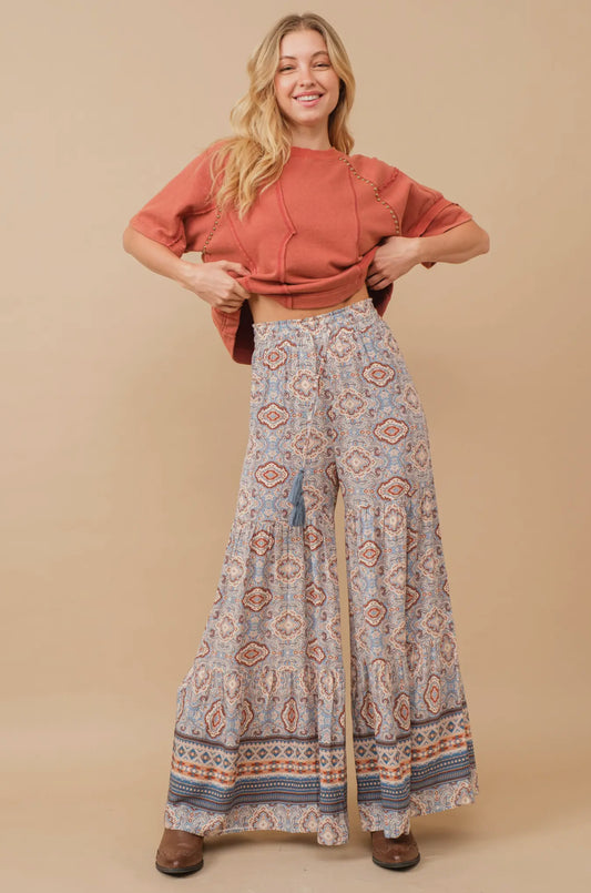 Azteca Blue Patterned Wide Leg Pant