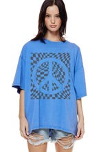 Blue Checkered Peace Sign Oversized Graphic Tee