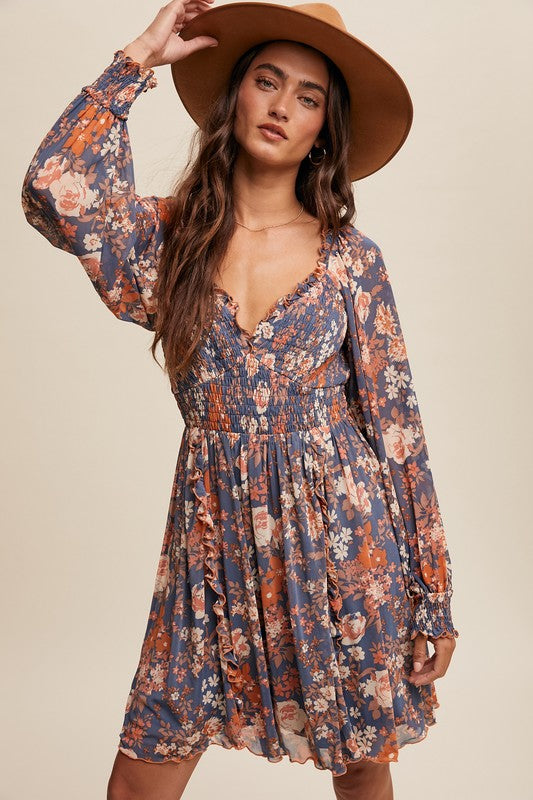 Rust & Denim Floral Dress