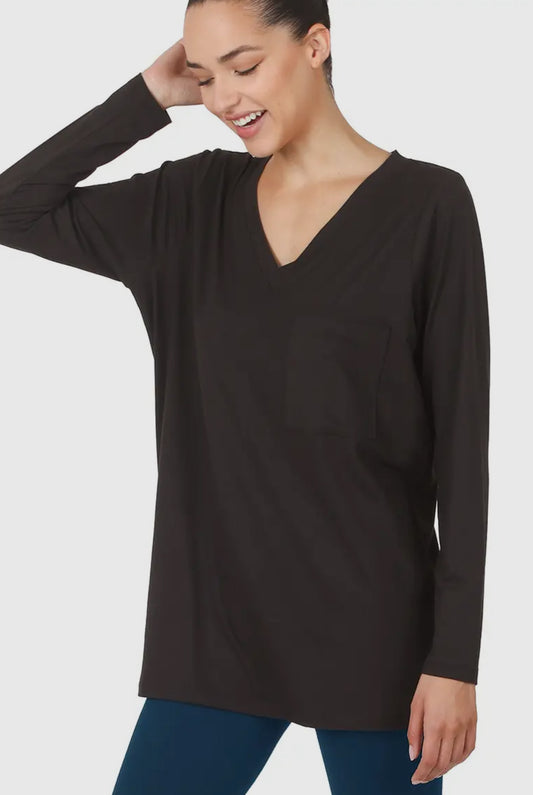 Black Microfiber V-Neck Long-sleeve