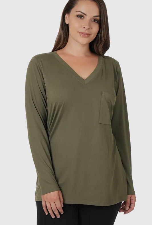 Olive Microfiber Pocket Long Sleeve Top (Plus)
