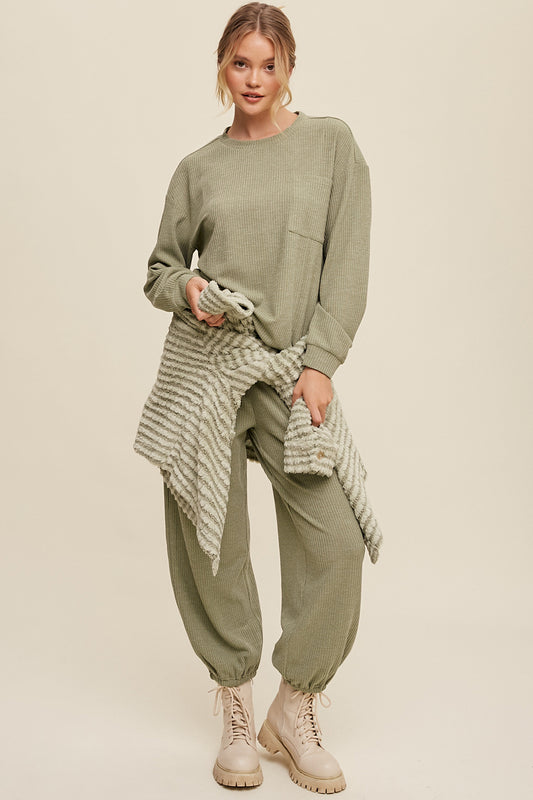 Olive Waffle Knit Jogger Set