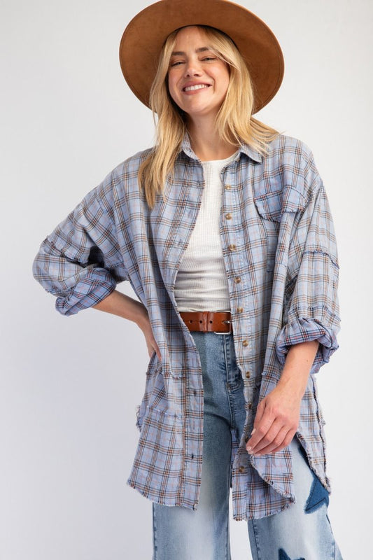 Soft Blue Mineral Washed Plaid Button Up Shirt