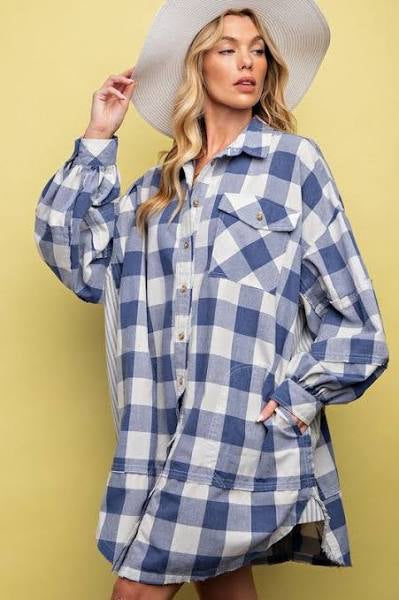 Blue and White Plaid Oversized Tunic