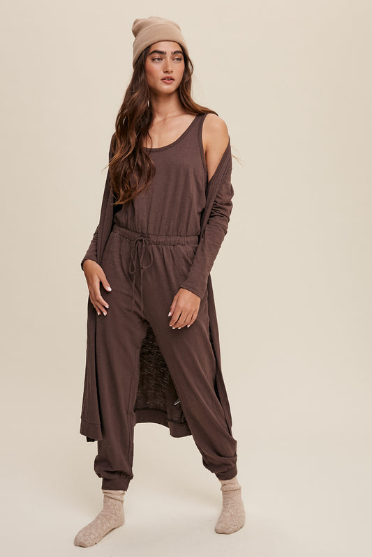 Jumpsuit & Long Cardigan Set (Mocha, Purple, Carmel)