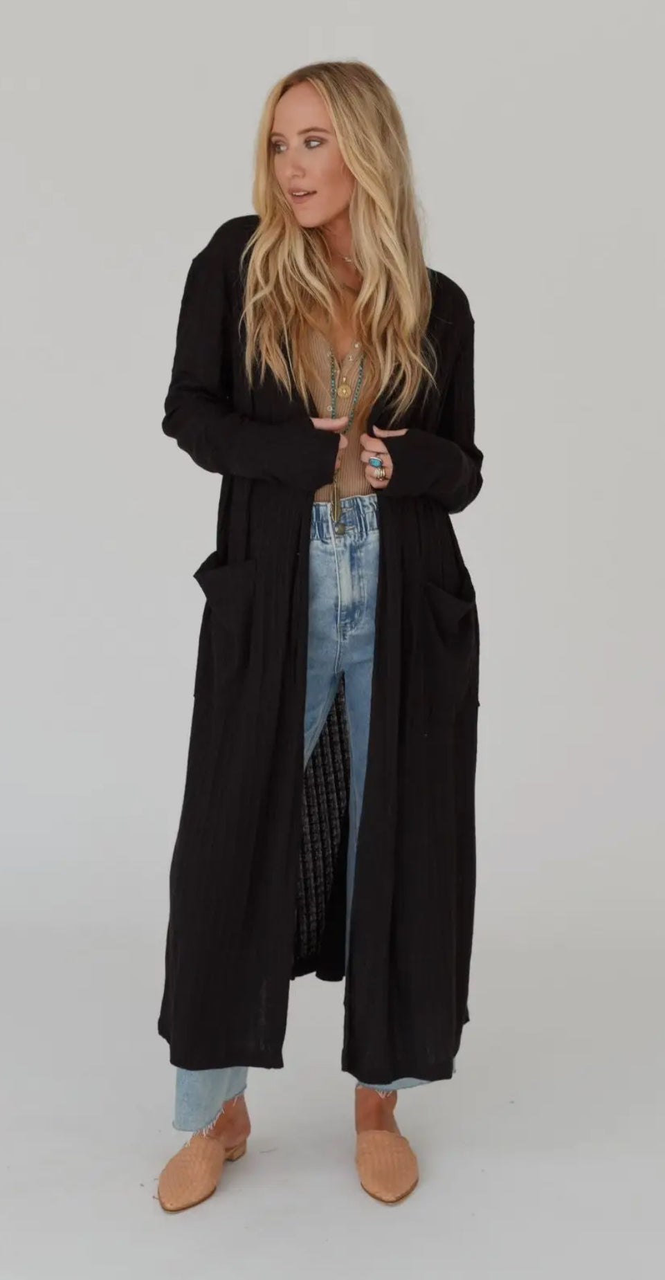 Black Ribbed Long Cardigan