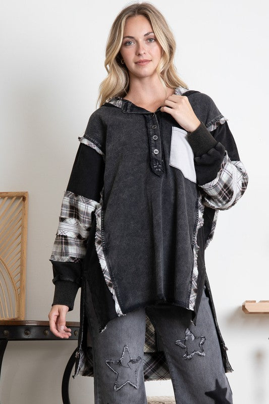 Black Multi Fabric Hooded Tunic