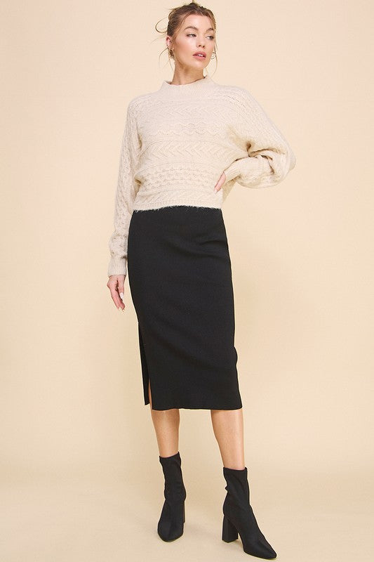 Black Knit Side Slit Midi Skirt