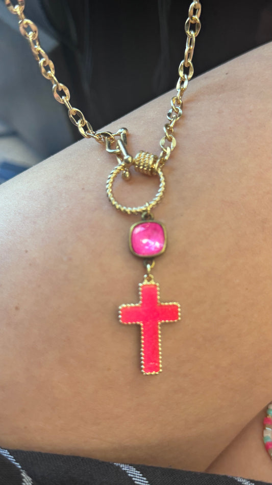 Neon Hot Pink Cross Necklace with Austrian Crystal