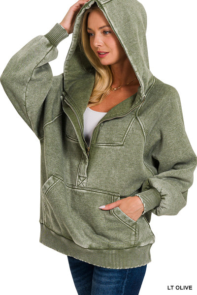 Olive Acid Wash Fleece Oversized 1/4 Zip Kangaroo Hoodie