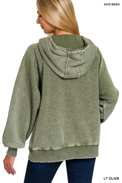 Olive Acid Wash Fleece Oversized 1/4 Zip Kangaroo Hoodie