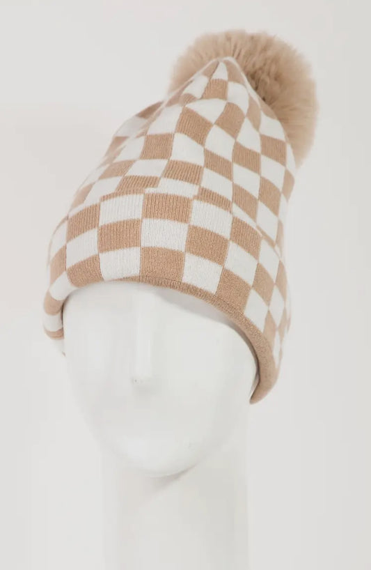 Tan & White Checkered Pom Beanie