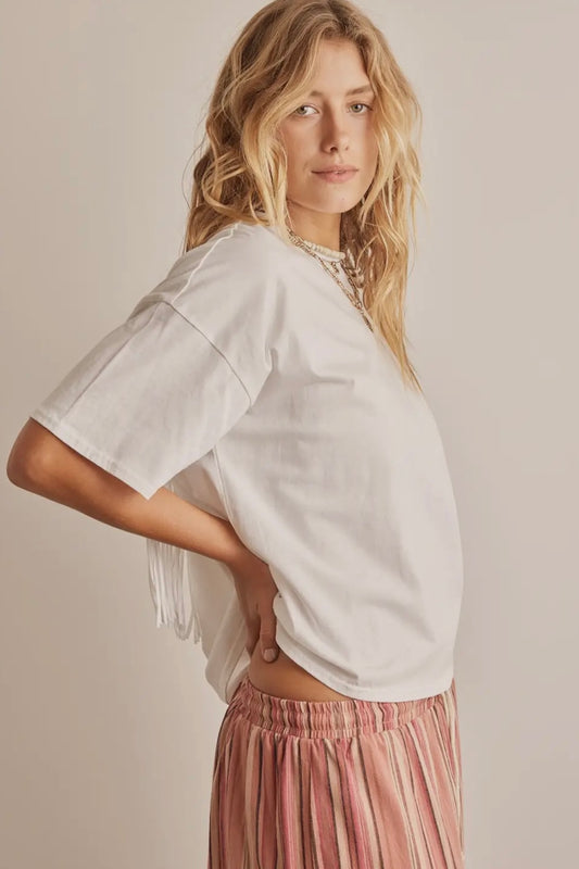 White Fringed Detail Oversized Crop T-Shirt