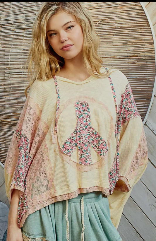 V-Neck Floral Print Multi Color Peace Patch Top