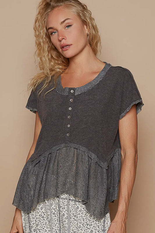 Gray Round Neck Short Sleeve Lace Detail Crop