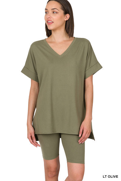 Lt Olive V-Neck Biker Short Set